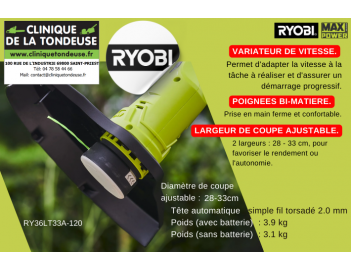 Référence RY36LT33A-120 COUPE-BORDURES 36V MAX POWER COUPE 28-33 CM RYOBI Clinique de la tondeuse pièces tondeuse